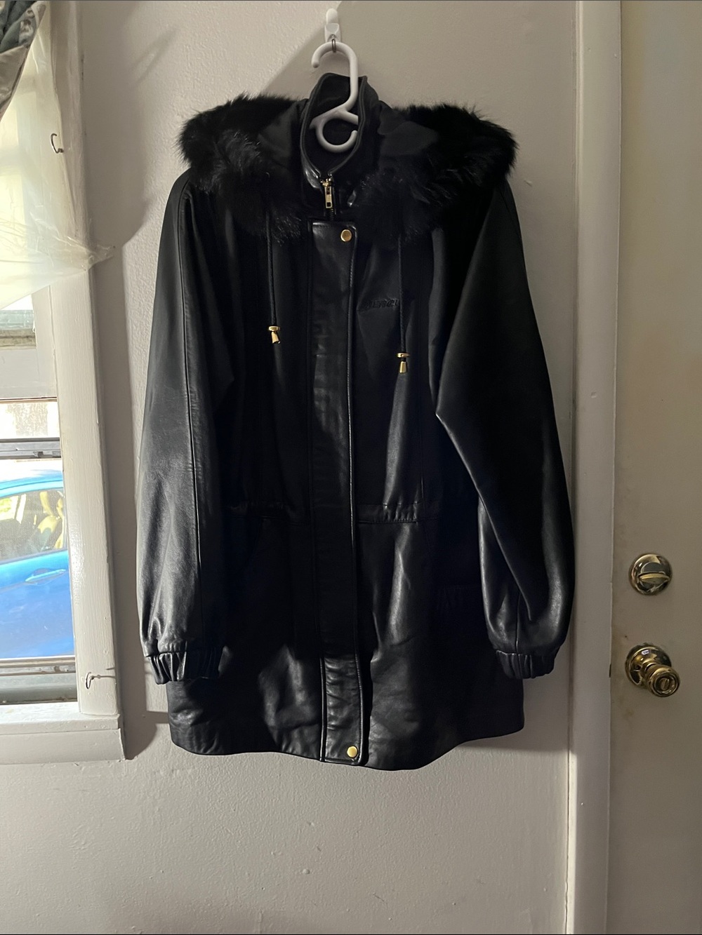 Worthington Black Lambskin Hooded Jacket with Faux Fur Trim